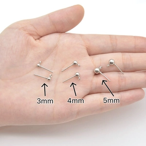 DIY ball head stud earrings with loop in 3mm 4mm 5mm sizes shown on hand for scale