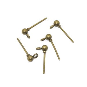 Five bronze ball stud earring posts with loops for DIY jewelry making on white background