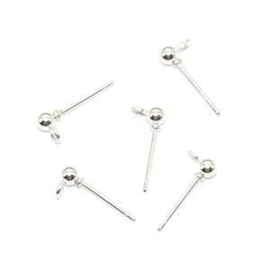 Detail of silver spherical stud earring posts with loop for DIY jewelry making