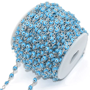 Detail of blue evil eye bead chain roll for DIY jewelry making and necklace supplies