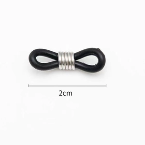 Detail view of 2cm black rubber connector loops with silver metal coils for eyewear chains