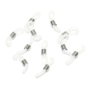 Close-up of translucent silicone rings and metal spring clips for DIY eyewear chain