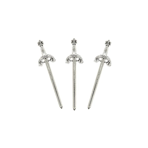Detailed macro view of three silver alloy gladiator sword charms with vintage medieval style