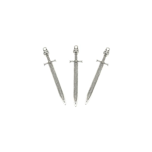 Three antique silver sword pendants with intricate embossed hilts for DIY jewelry making