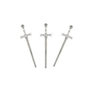Detailed close-up of three silver alloy sword charms featuring ornate cross engravings