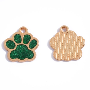 Cute paw charms with green glitter filling and rose gold plating for DIY jewelry