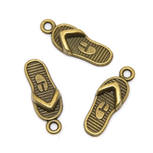 Three vintage bronze flip-flop charms for DIY necklaces with detailed sandals texture