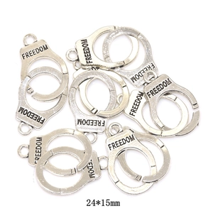 Vintage alloy freedom handcuff charms for jewelry making, 24x15mm silver finish connectors
