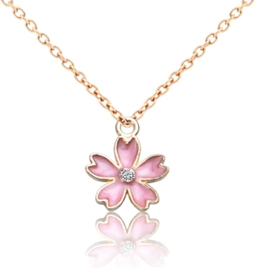 Rose gold cherry blossom necklace with pink enamel petals and a sparkling center stone
