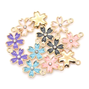 Enamel cherry blossom flower pendants with rhinestones for DIY jewelry making