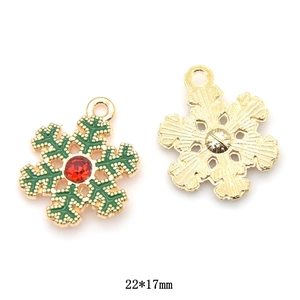 Christmas snowflake pendant with green enamel and red crystal, 22x17mm DIY jewelry charm