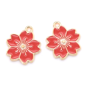 Pair of red cherry blossom enamel pendants with gold metal edges for DIY jewelry making