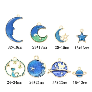 Star and moon cat enamel charms in dark blue and gold finish for DIY jewelry