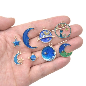 Star and moon cat enamel charms set for DIY jewelry making in blue and gold tones
