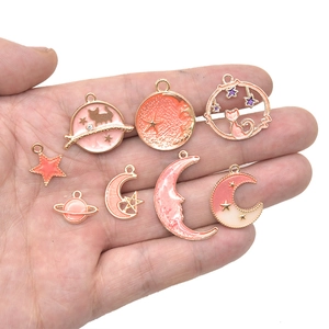 Star and moon cat enamel charms in pink and gold for DIY jewelry making