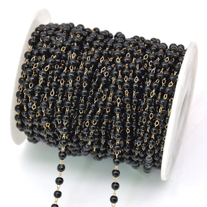 Roll of black pearl beads chain with gold plated links for DIY jewelry making