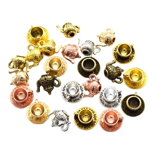 Vintage alloy teapot and teacup charm set in gold, silver, and bronze finishes