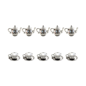10-piece set of vintage silver alloy miniature tea kettles and coffee cups for DIY jewelry