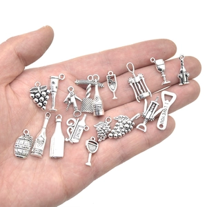DIY antique silver wine theme charms set with bottles, glasses and grapes for jewelry making