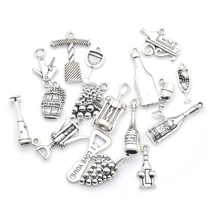 Antique silver wine theme charms set with bottles, cups and grapes for DIY jewelry