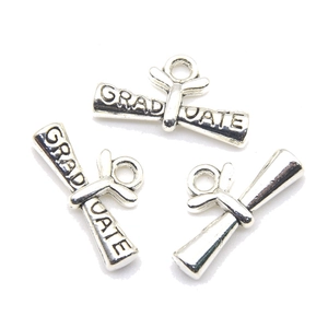 Antique silver graduation diploma charm with Graduate engraving and scroll design for DIY jewelry