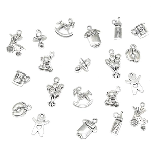 DIY baby shower charm set including stroller and teddy bear in antique silver finish