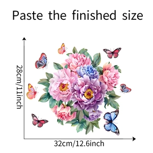 Peony flower and butterfly wall decal dimensions showing 32cm width and 28cm height