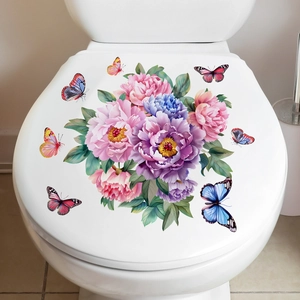 Self-adhesive peony flower toilet lid decal with colorful butterflies for bathroom decor