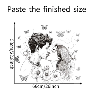 Detail view of romantic kissing couple wall decal with dimensions 58cm by 66cm