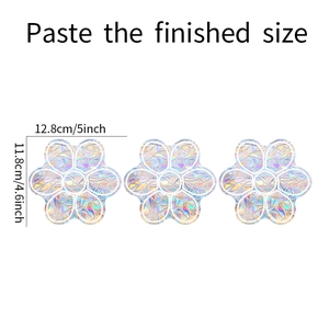 Detailed size specifications for three holographic 3D floral rainbow window film stickers