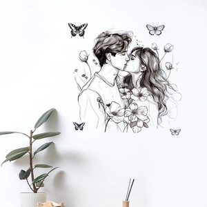 Romantic black minimalist wall sticker featuring a kissing couple and butterfly accents