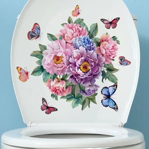 Peony Flower Butterfly Toilet Sticker PVC Waterproof Removable Self-Adhesive Wall Decal For Bathroom Home Decor Mural