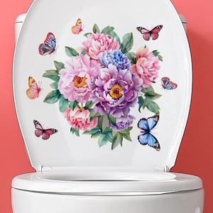 Peony flower and butterfly toilet lid decals for bathroom home wall decoration