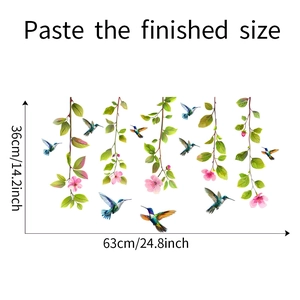 Détail des stickers vitres colibris et fleurs colorés avec dimensions de 63x36 cm affichées