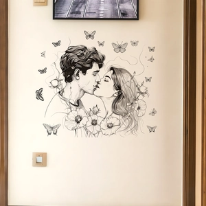 Romantic couple kiss wall decal with butterfly and poppy flower line art decoration