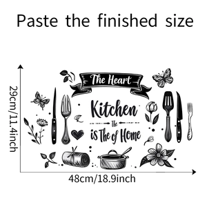 Detail showing 48x29cm kitchen wall decal with cutlery, flowers, and heart motifs