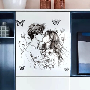 Modern black hand-drawn couple kissing wall sticker for romantic home decoration