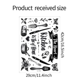 Detailed size guide for kitchen wall decals with utensils and heart quotes 42x29cm