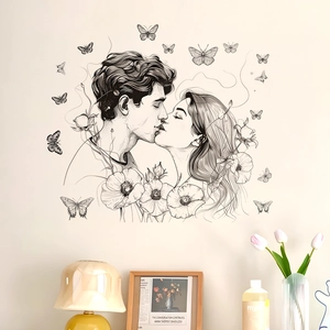 Romantic couple kissing wall decal with poppy flowers and butterflies for bedroom decor