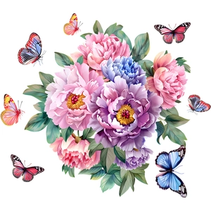 Self-adhesive peony flower wall stickers with colorful butterflies for home decoration