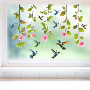 Autocollants de Fenêtre Colibri et Fleurs de Pêcher PVC Amovible Électrostatique Stickers de Porte en Verre pour Décoration de Salon et Chambre