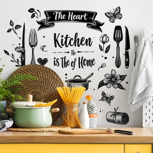 Kitchen is the heart of the home wall decal with vinyl utensils and floral patterns