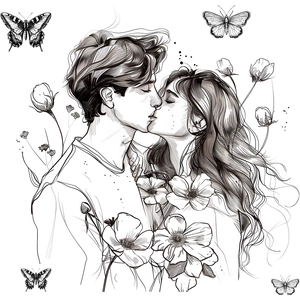 Romantic black and white wall sticker showing a kissing couple with floral and butterfly accents