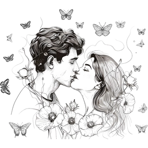 Romantic black and white line art wall sticker featuring kissing couple and flowers
