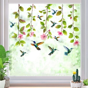 Stickers de fenêtre statiques avec colibris colorés et vignes de fleurs roses déco