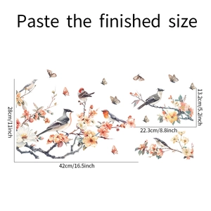 Detailed size guide for floral bird window decals showing application measurements