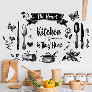 Kitchen Heart Of Home Quote Wall Sticker PVC Removable Decal Black Utensils Butterfly DIY Art Decor For Dining Room