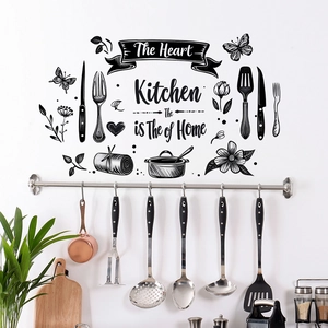 Kitchen wall sticker with 'Kitchen is the heart of home' quote and utensil patterns