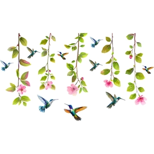 Stickers de fenêtre avec fleurs de pêcher, vignes vertes et colibris pour la décoration