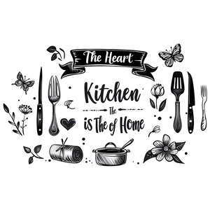 Kitchen wall decal featuring utensils and The Heart of the Home English quote decor
